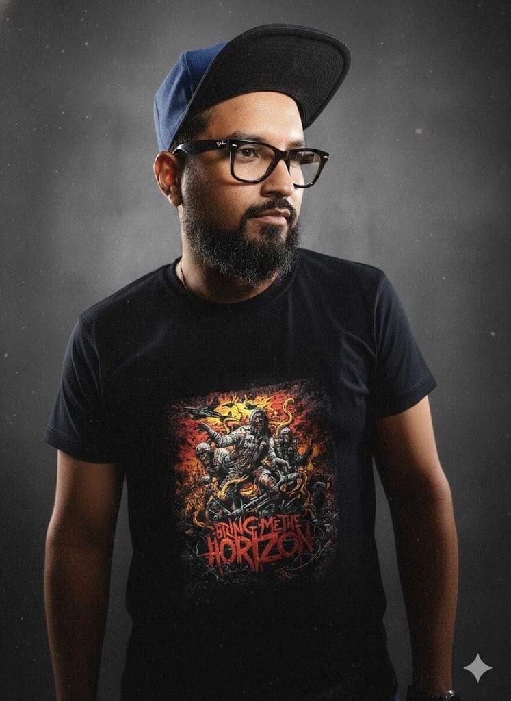 Polera negra personalizada con estampado a todo color de estilo rock y metal.